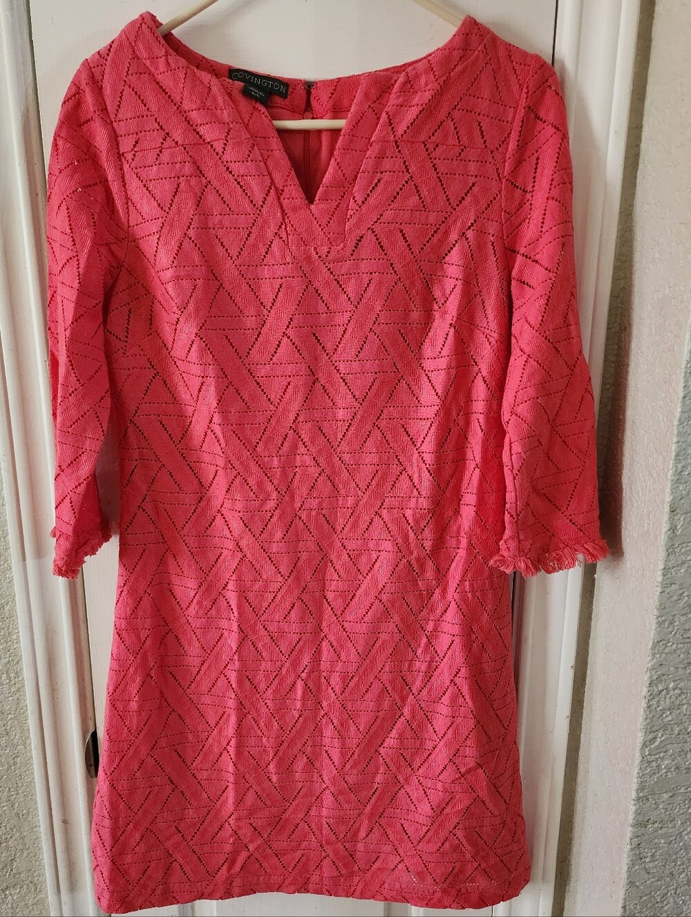 Covington Coral Pink Openwork Fringe Sleeve Sweater